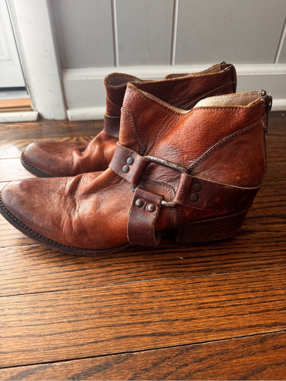 Freebird by Steven Distressed Brown Leather Harness Ankle Booties